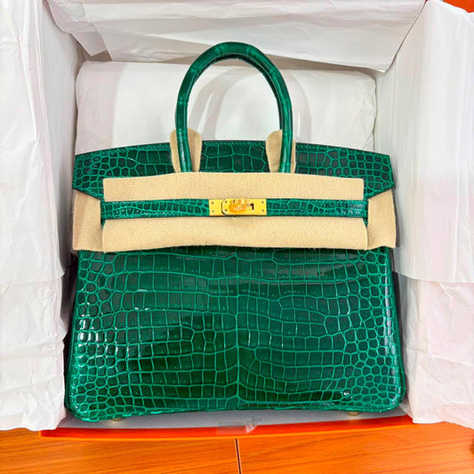 Hermes Birkin 25 Emerald Green Shiny porosus crocodile leather gold hardware