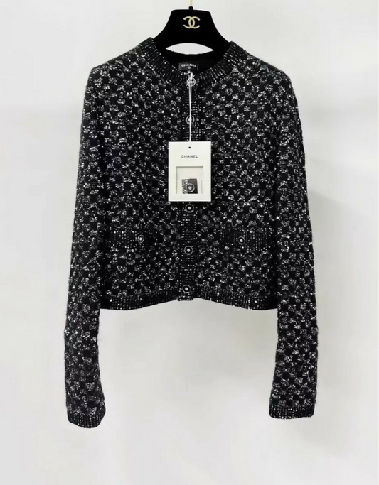 Chanel 23B black sequin cardigan