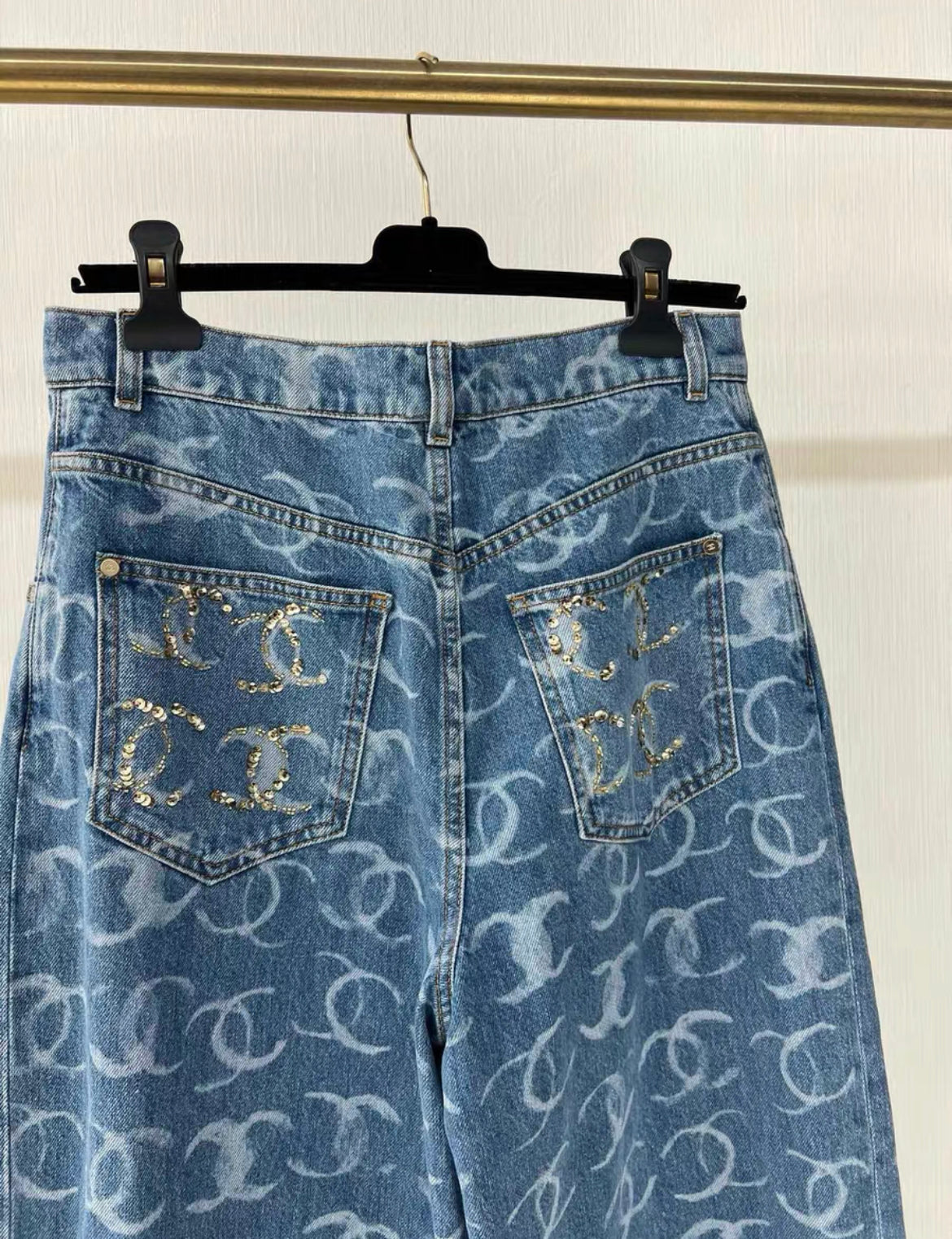 Chanel 23B Runway Light Blue Denim White CC Print Logo Baggy Oversized Jeans size 38