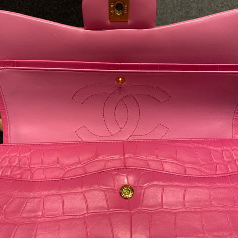 Super Rare Chanel Medium flap Pink Barbie Matte Crocodile leather with gold hardware