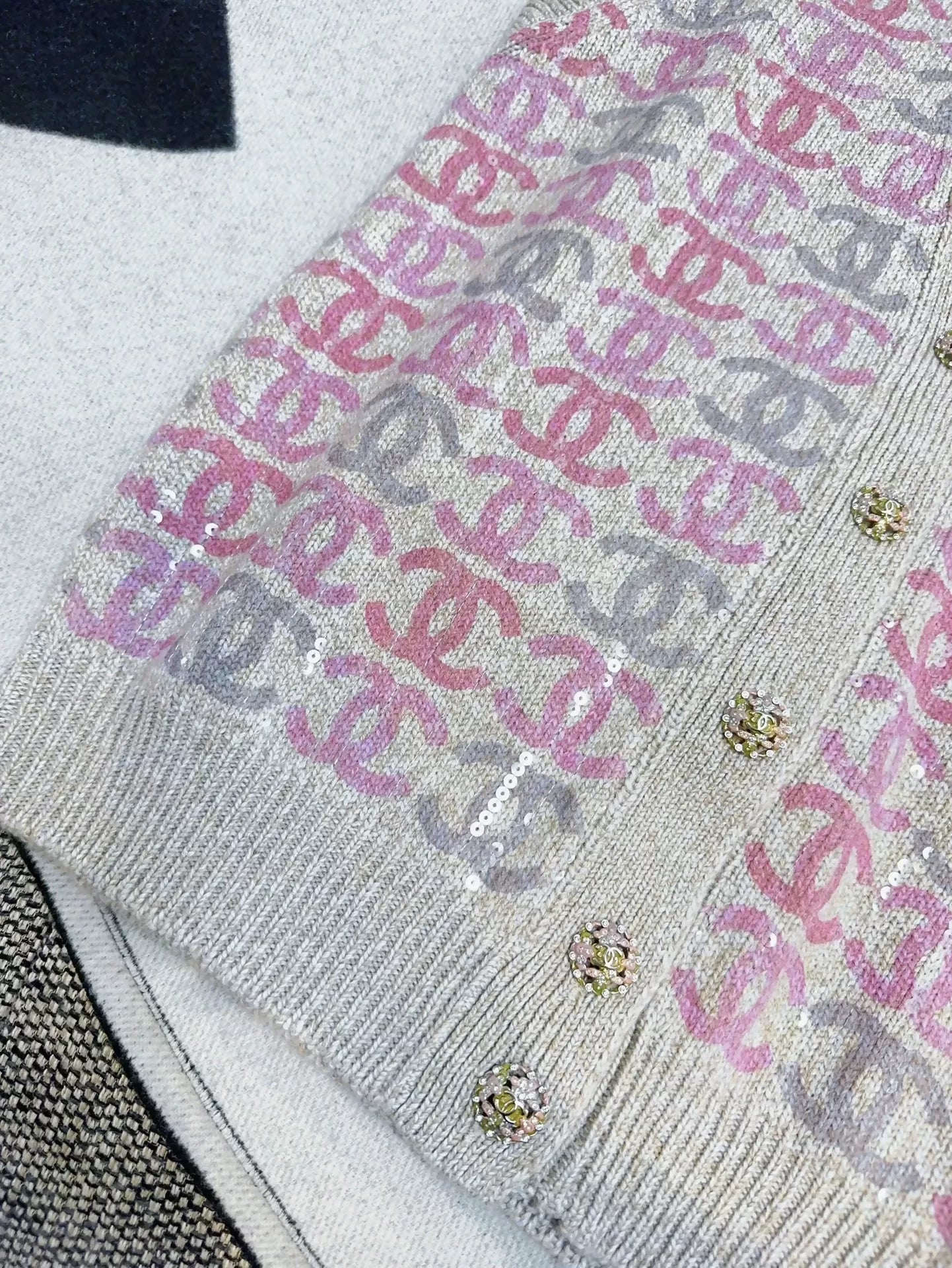 Chanel 22k gray and pink all-over double C logo sequin knitted cashmere cardigan