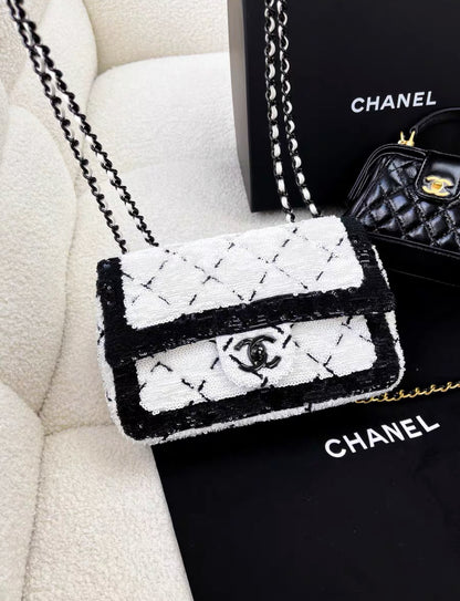 Chanel 24P Large Flap Bag Sequins & Black Metal, White & Black