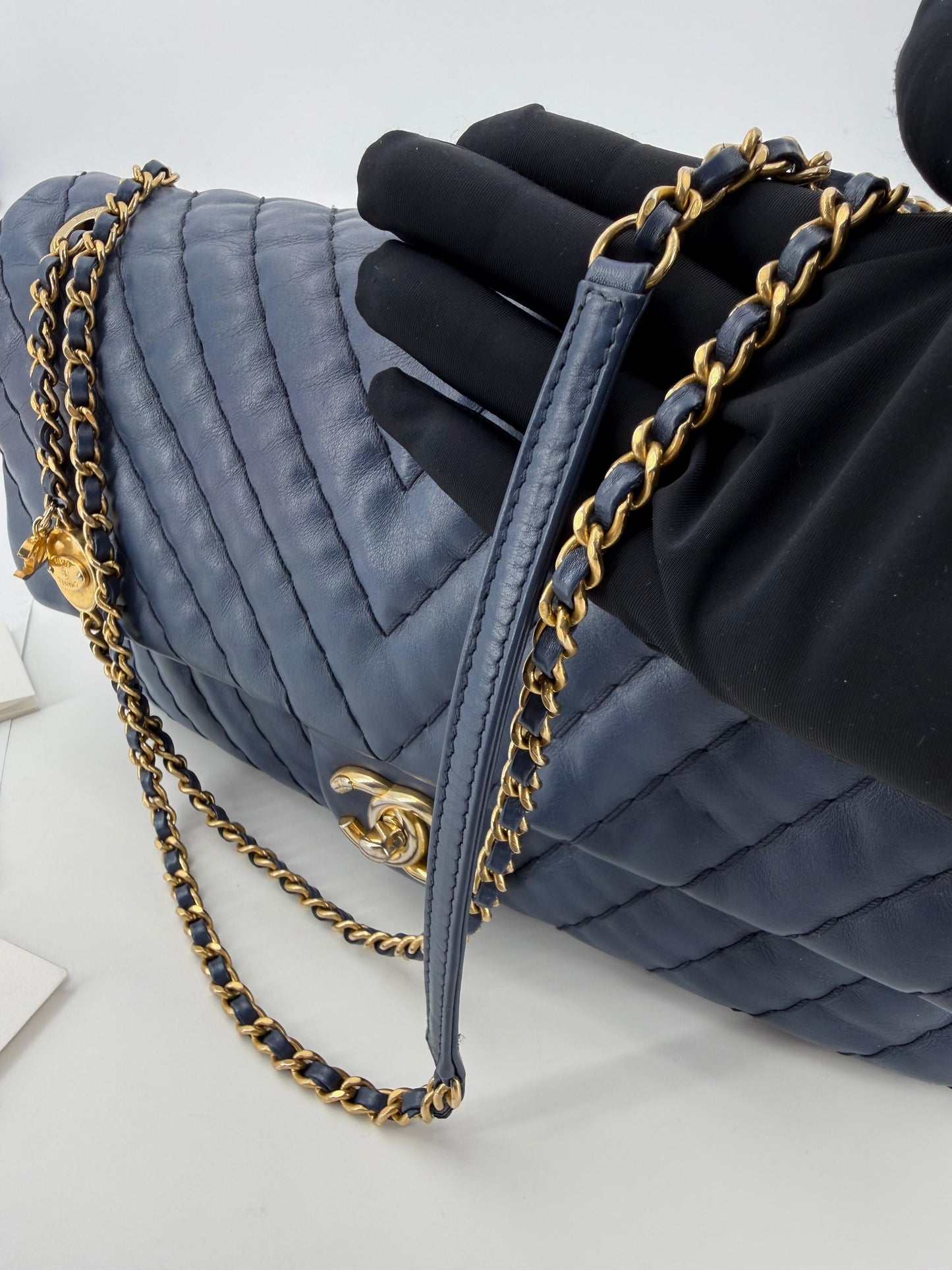 Chanel blue leather flap bag gold hardware