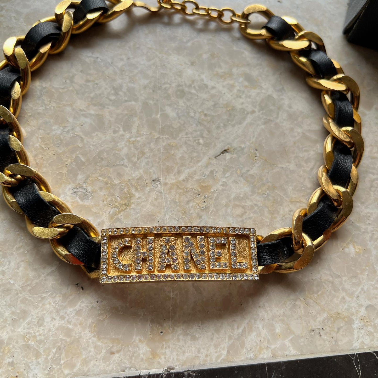 Rare Chanel 95P Black Gold Leather Chain Necklace