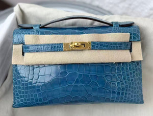 Hermes Kelly Pochette Bleu Izmir Shiny Alligator Gold hardware