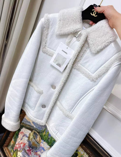 Chanel 21B white ecru shearling jacket