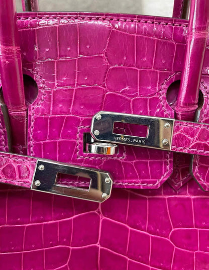 Hermès Birkin 25 Rose Mexico Shiny Porosus Crocodile Palladium Hardware