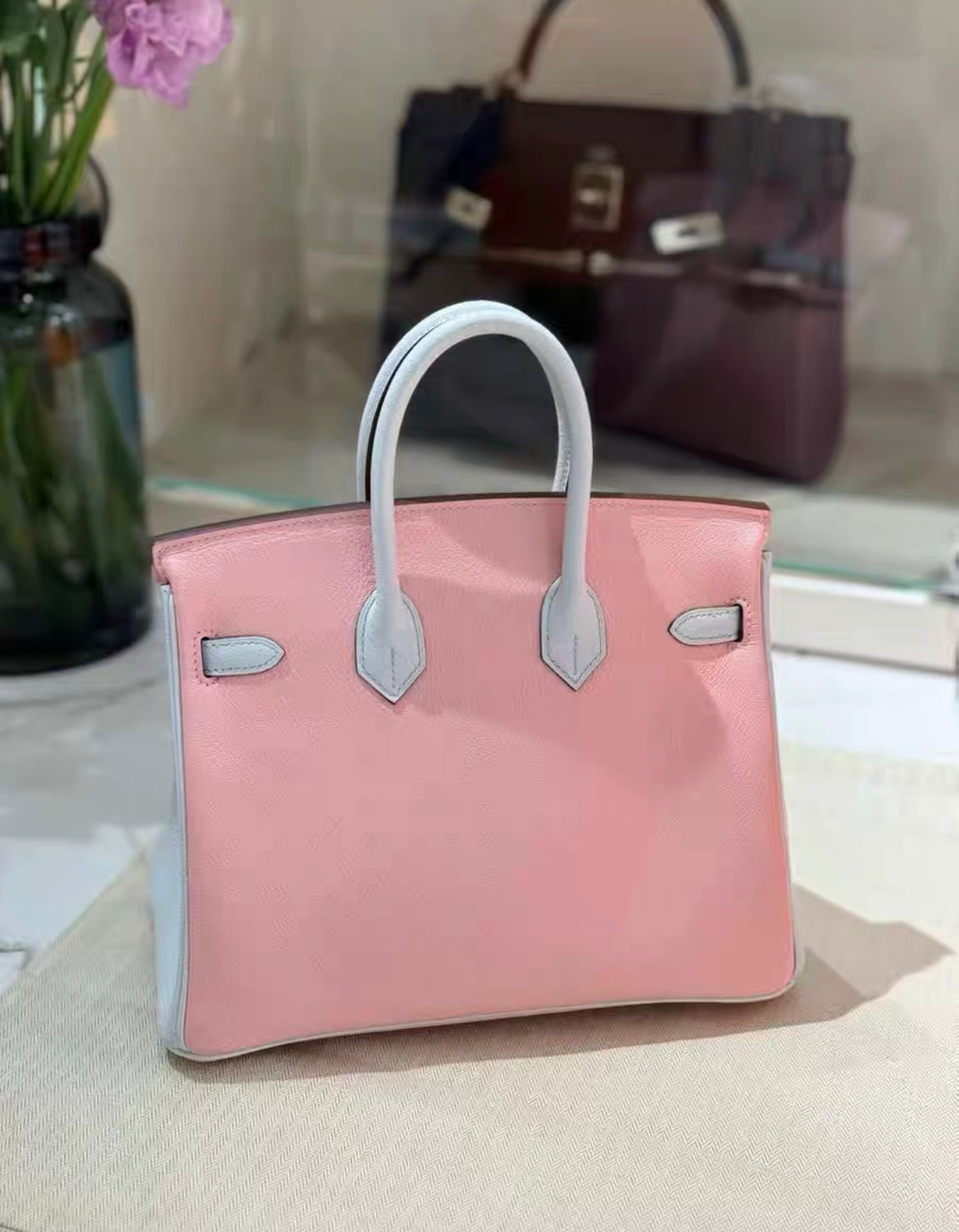 Hermès Special Order (HSS) Birkin 25 Rose Sakura and Gris Perle Chevre Brushed Palladium hardware