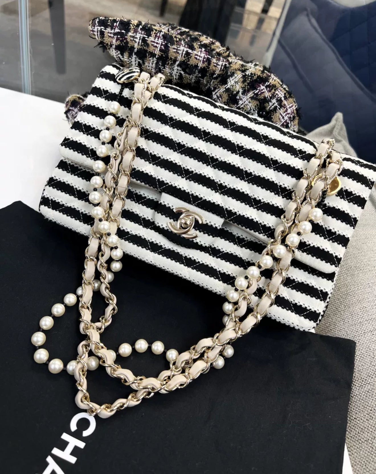 Chanel 14C Black 
White Striped Flap Bag
