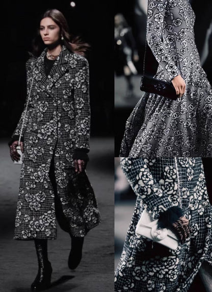 Chanel 22p black tweed camellia long coat