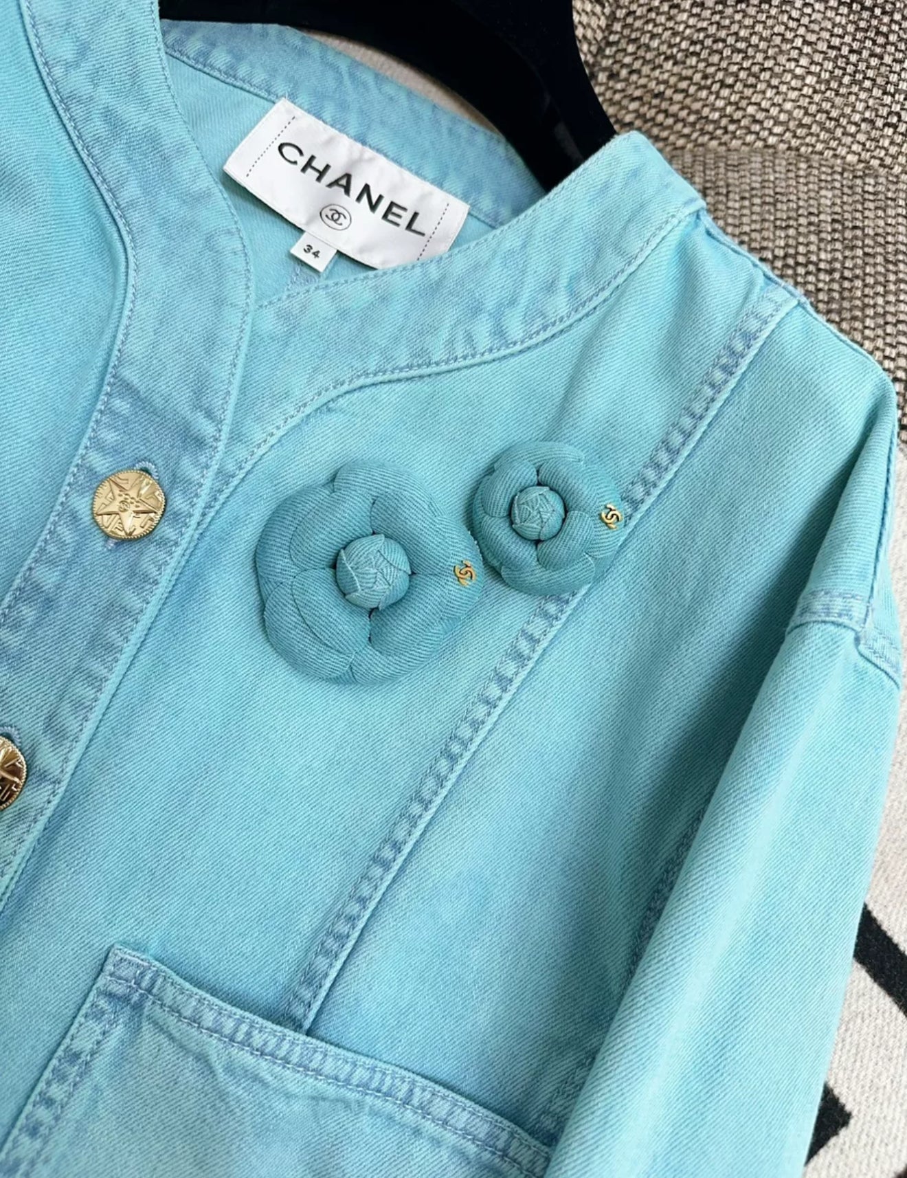 Chanel 21S Turquoise Blue Denim Camellia BroochJacket