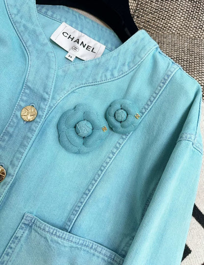 Chanel 21S Turquoise Blue Denim Camellia BroochJacket