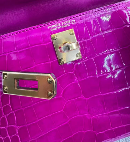 Hermes Mini Kelly 20 Rose Shehrazade shiny alligator gold hardware