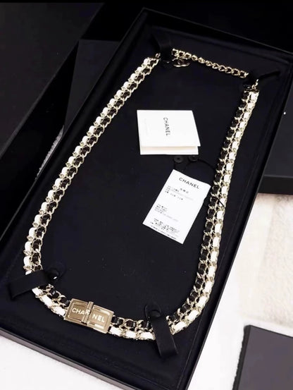 Chanel 22A Black and White Leather Long Necklace Waist Chain