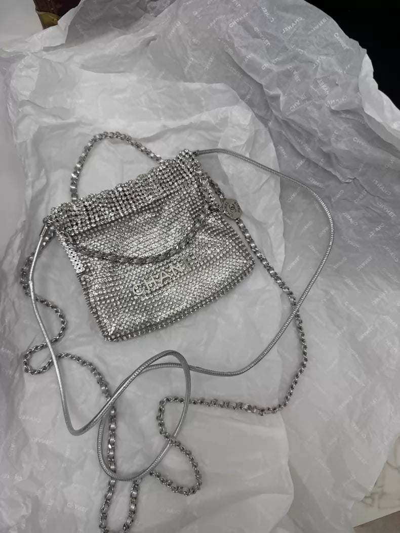 Chanel mini 22 bag silver with full diamond embellishments