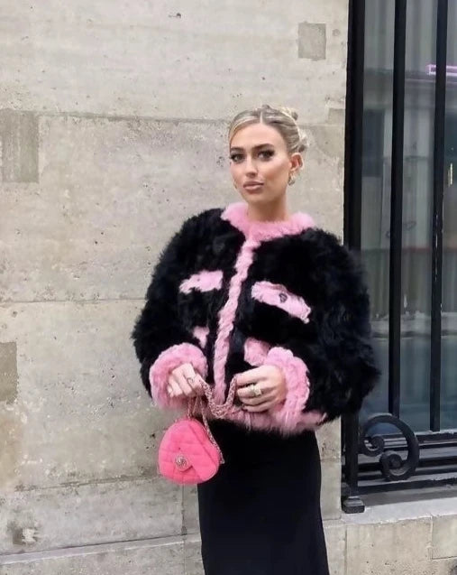 Chanel 21K Black and Pink Wool Fur jacket