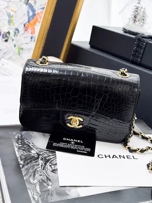 Chanel 2017 CF Mini Black Crocodile leather gold Chain Bag