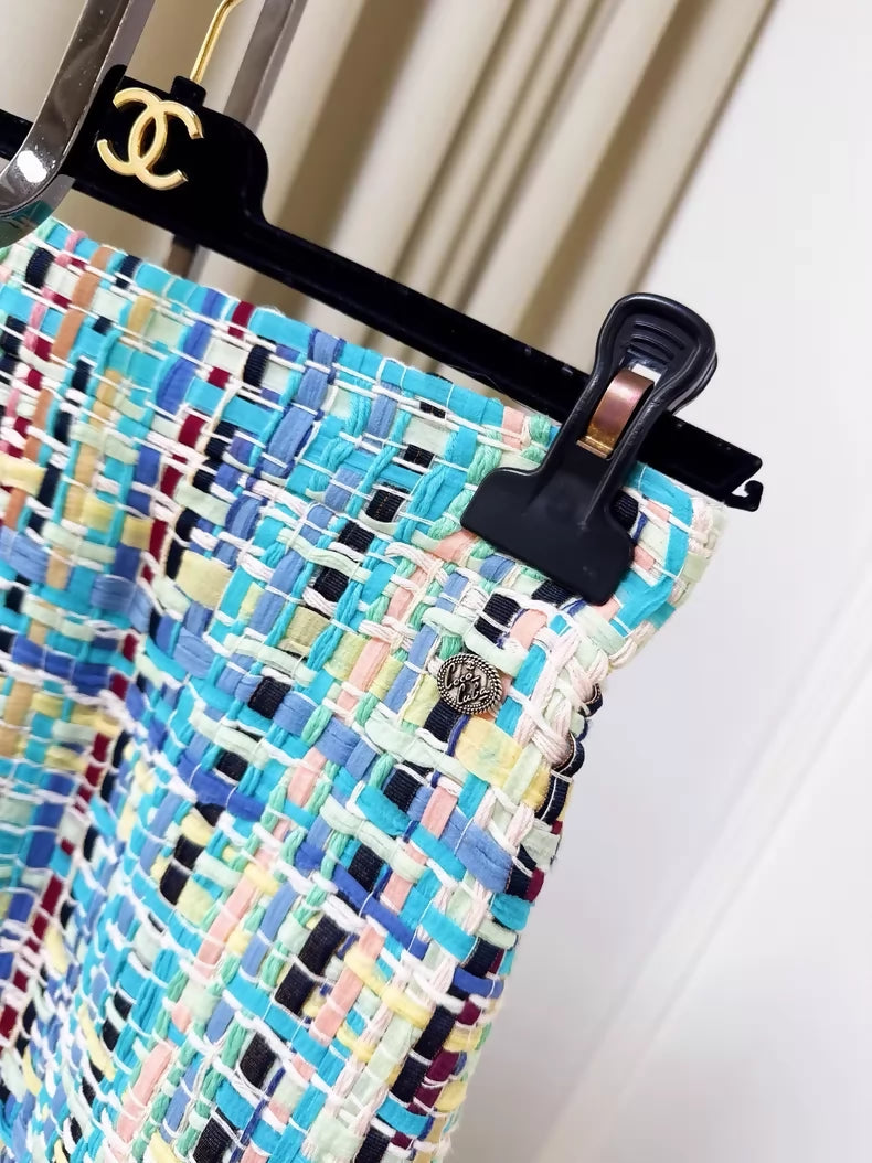 Chanel 17C Blue and Yellow Tweed Fringed Midi Skirt