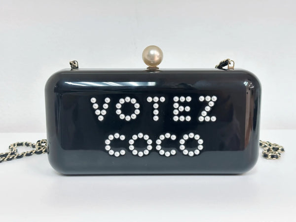 Chanel “Votez Coco” Pearl Plexiglass Minaudière Evening Clutch