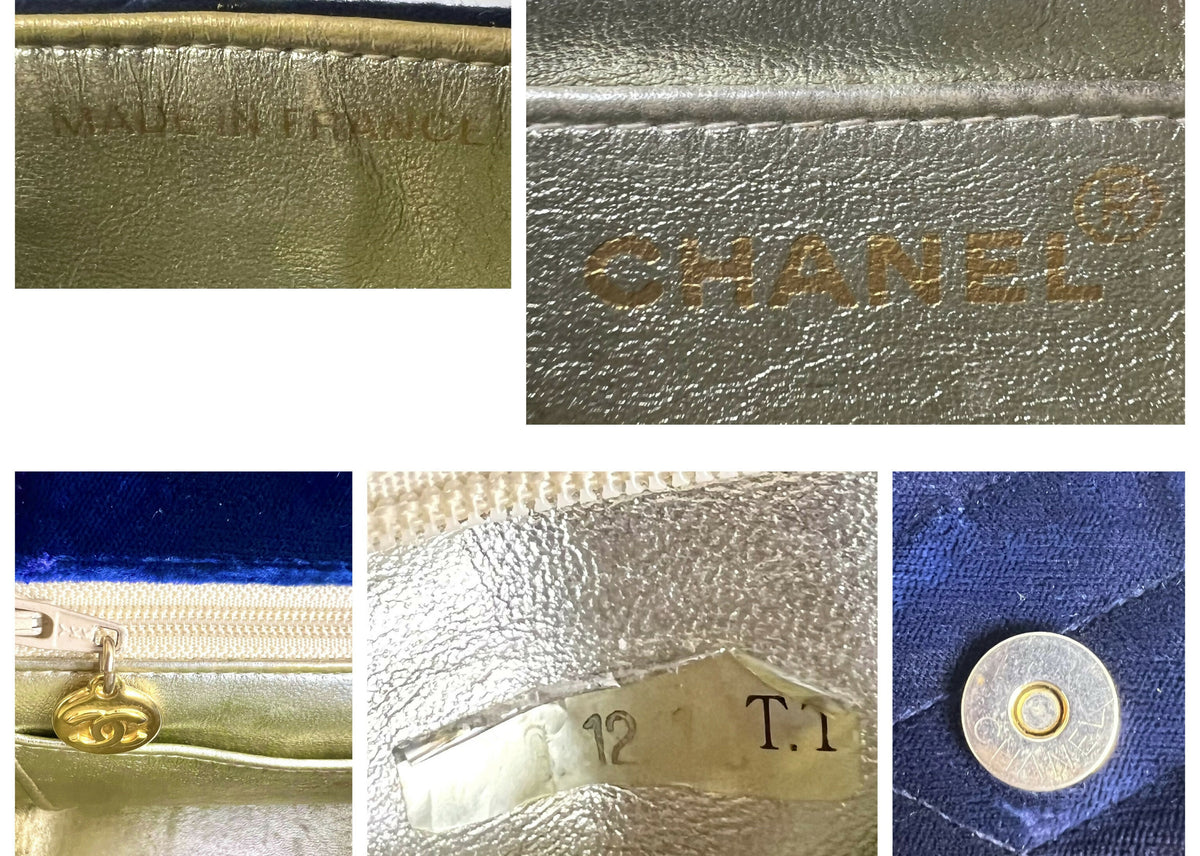 Chanel 1991-1994 Navy Blue Velvet Crystal 24K Bijoux Mini Square Chevron Classic Flap Bag