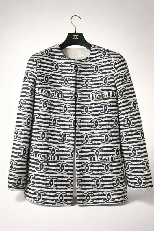 Chanel 22S Runway Sequin CC Logo Black and White Jacket FR 40