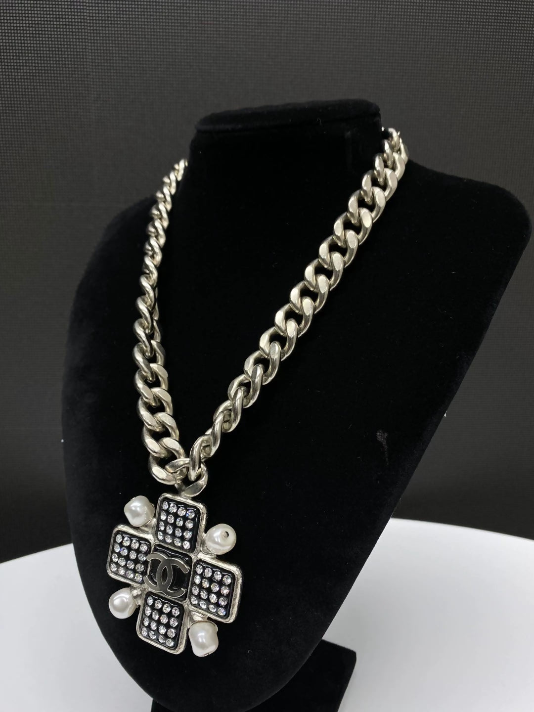 CHANEL 22P pearl rhinestone cross chain necklace