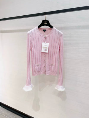 Chanel 25B Pink Cashmere Knit Cardigan with Feather Cuffs