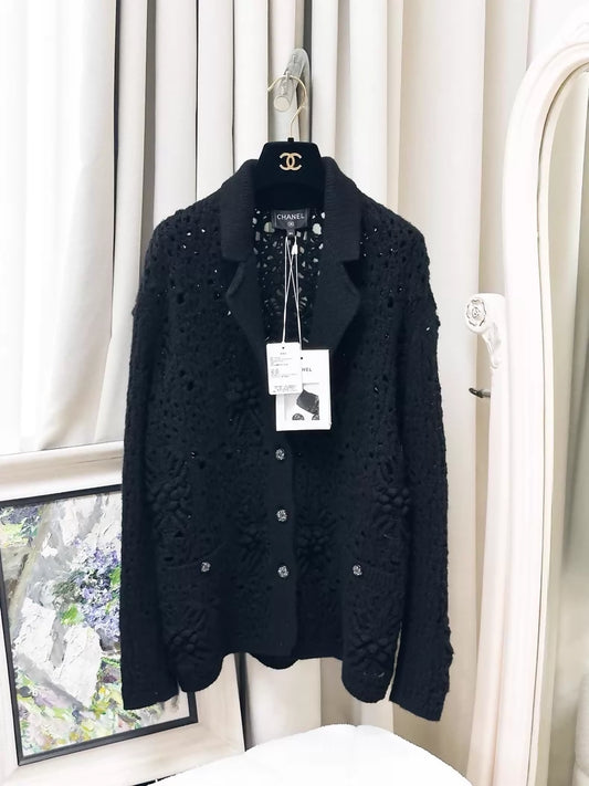 Chanel 22C Black Crochet Cashmere Cardigan