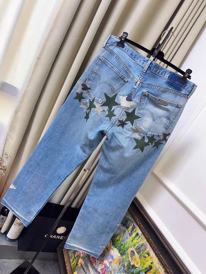 Chrome Hearts Limited Edition Blue Distressed Jeans, Army Green Camouflage Patchwork Star Jeans
