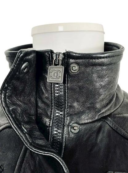 Chanel 07A Black Lambskin Leather Utility Jacket Coat FR 40