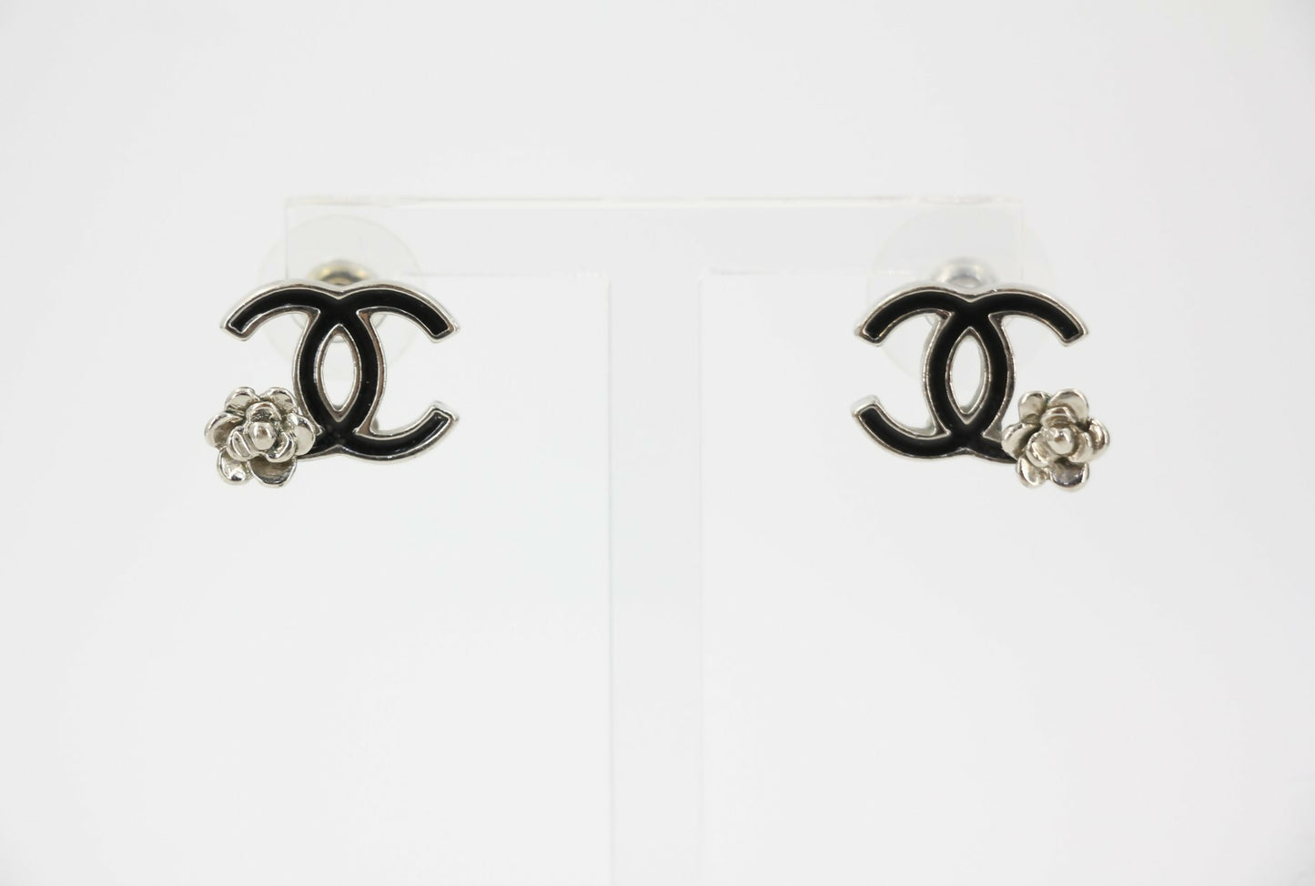 Chanel Vintage 07P Metal Black and Silver Camellia Stud Earrings