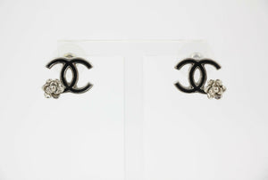 Chanel Vintage 07P Metal Black and Silver Camellia Stud Earrings
