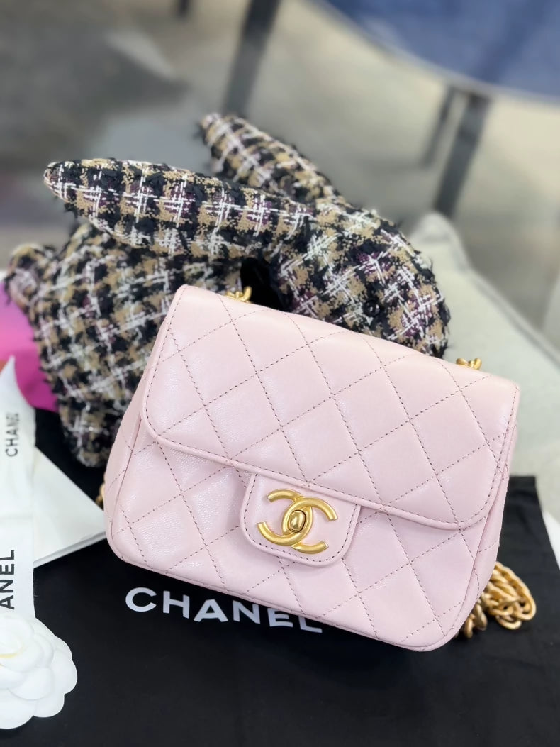 Chanel 23s double chain pink gold quilted leather gold hardware shoulder bag