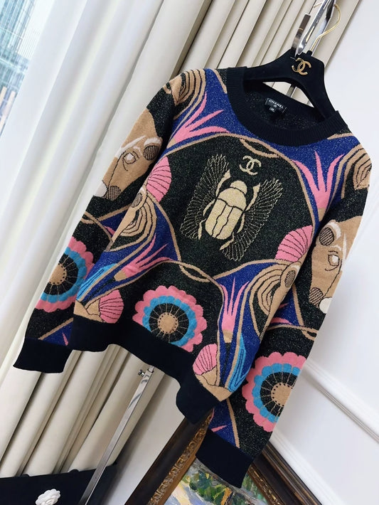 Chanel 19A Black and Pink Scarab Cashmere Sweater