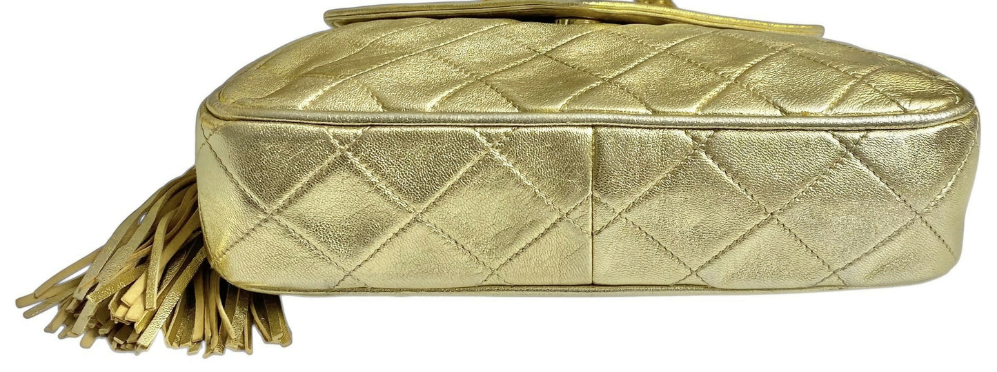Rare 90’s Chanel Vintage Gold Quilted Lambskin Leather Multi Chain Jewelry Tassel Bag