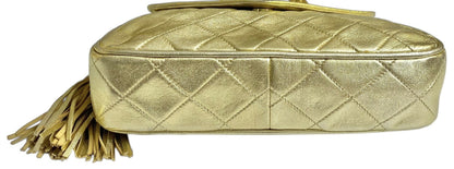 Rare 90’s Chanel Vintage Gold Quilted Lambskin Leather Multi Chain Jewelry Tassel Bag