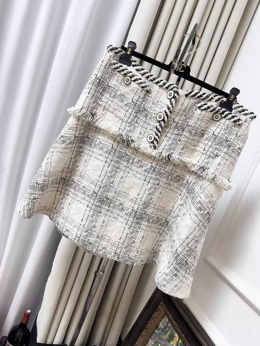 Chanel 18S Beige and Black Check Fringe Tweed Mini Skirt