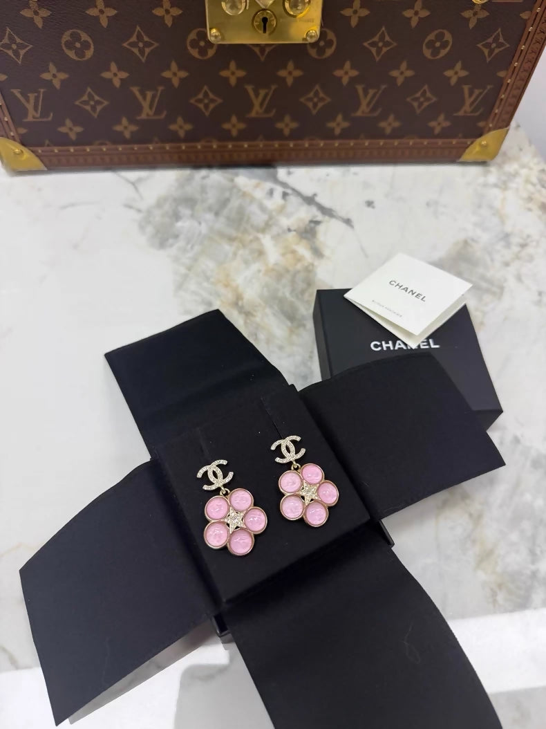 Chanel 24B Pink Glass Flower Double C Earrings