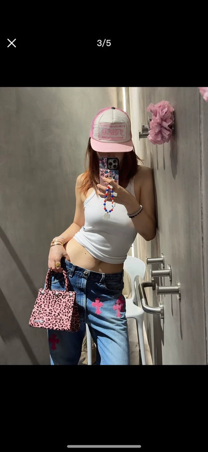 Chrome Hearts mini handbag in pink patent leather with leopard print