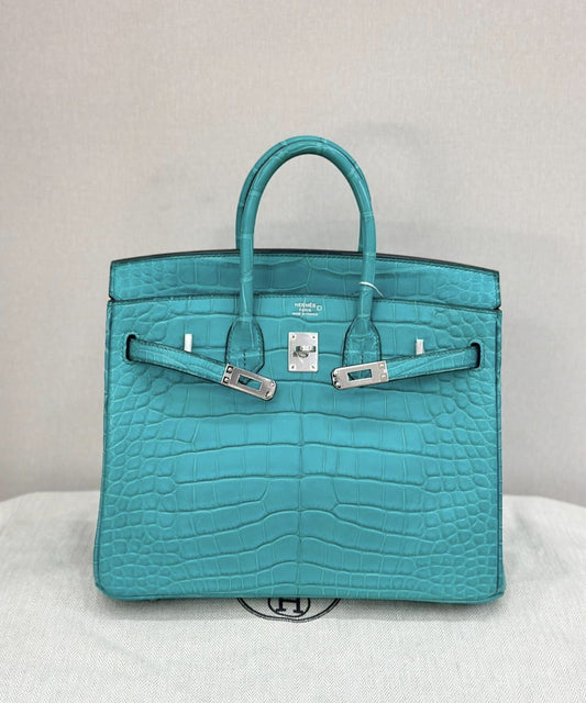 Hermes Birkin 25 Bleu Paon Matte Alligator Palladium Hardware