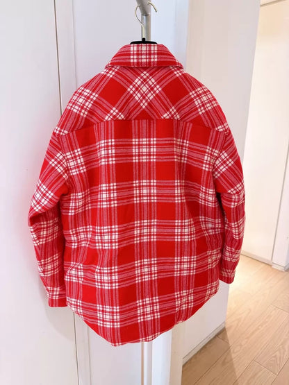 Miu Miu red and white checkered embroidered logo shirt collar down jacket