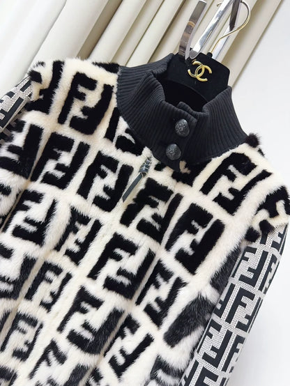Fendi black and cream white double F monogram mink fur jacket
