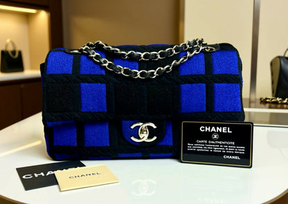 Chanel 13P Runway Blue Black Jersey Classic Medium Single Flap Bag SHW