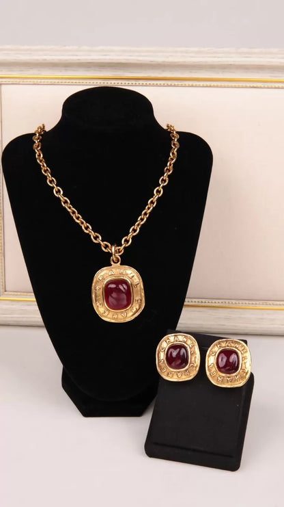 Chanel 1991 Burgundy Glass Earring and Necklace Set with Gold Trimming