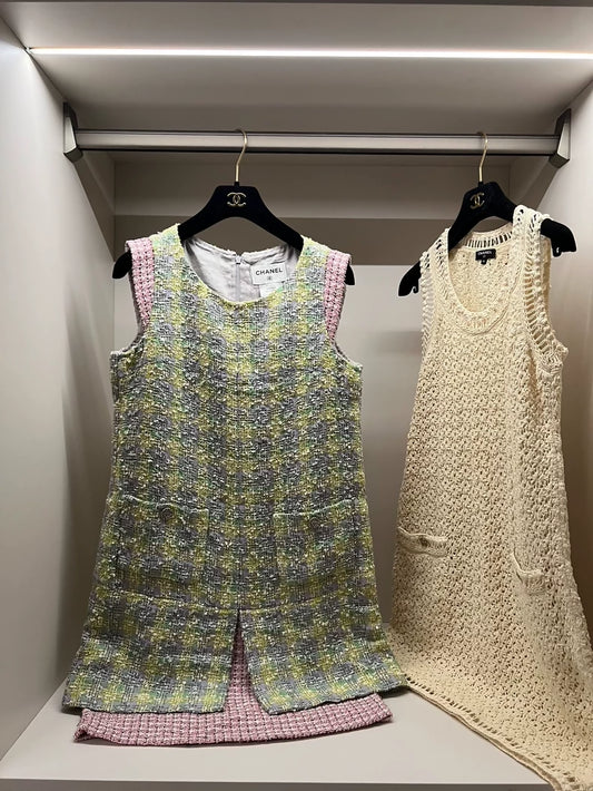 Chanel 14p pink and green tweed dress