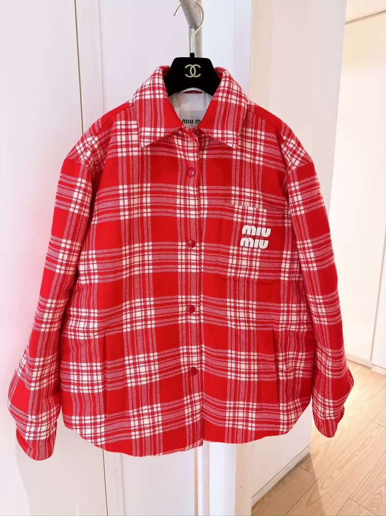 Miu Miu red and white checkered embroidered logo shirt collar down jacket