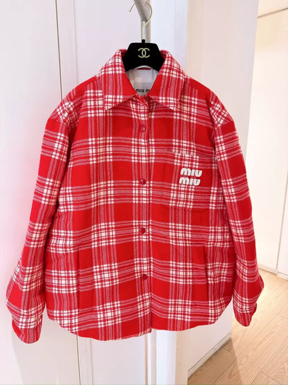 Miu Miu red and white checkered embroidered logo shirt collar down jacket