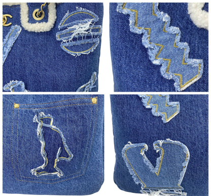 Chanel 19A New York Egypt Denim Shearling Hieroglyph Coco Shopping Tote