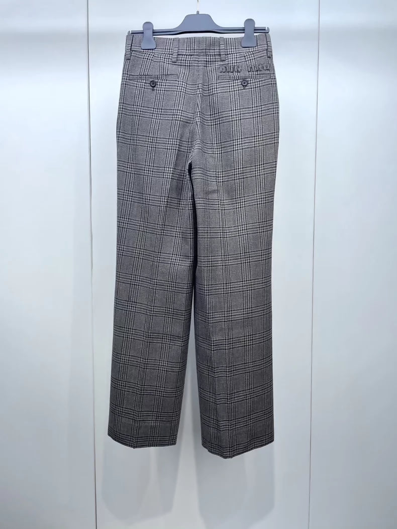Miu Miu plaid logo patch wool slim straight leg pants