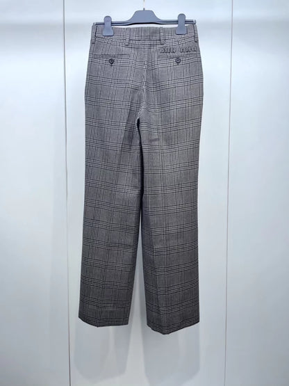Miu Miu plaid logo patch wool slim straight leg pants